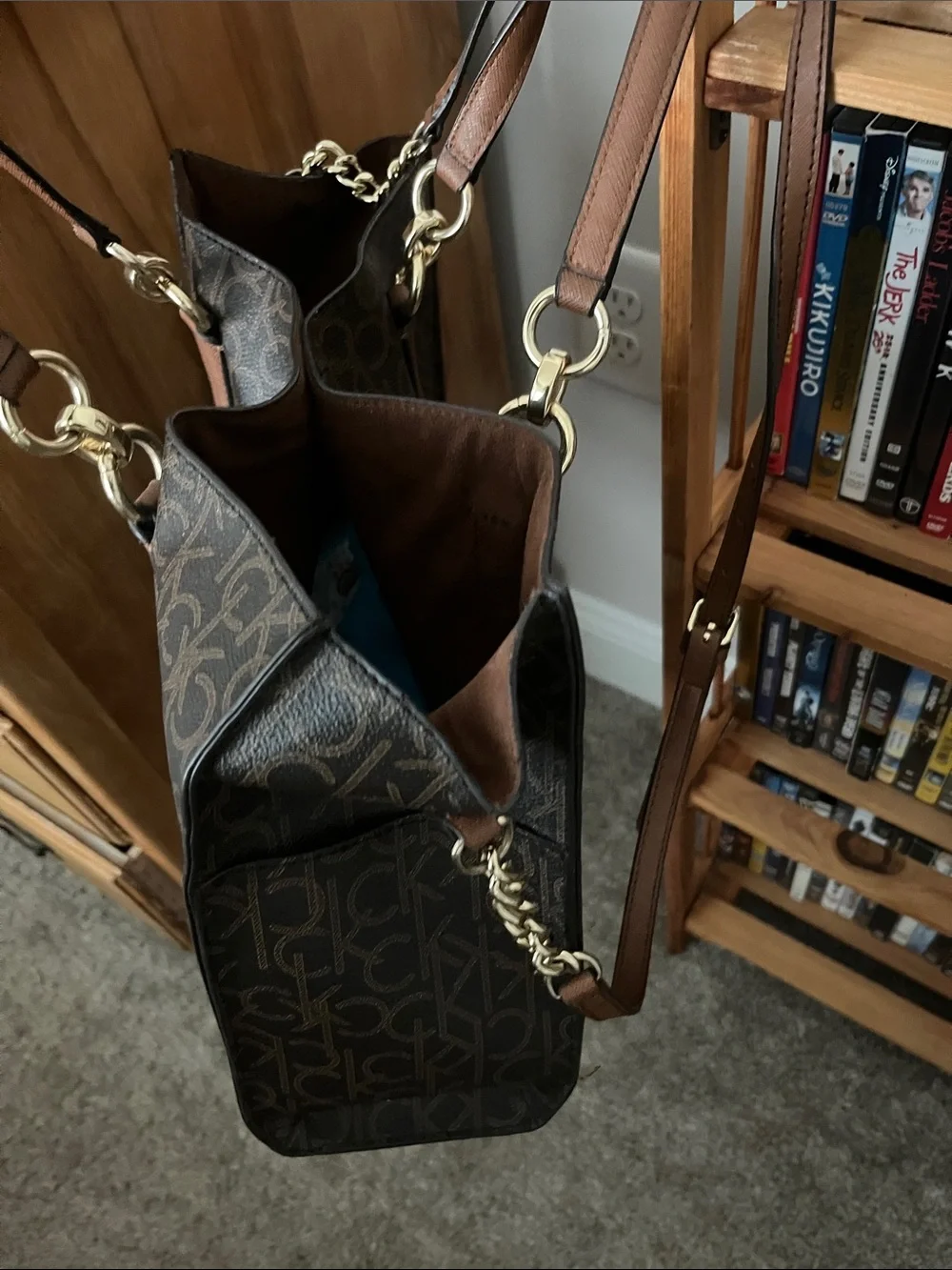 Calvin Klein Dark Brown Monogram Tote with Tan Trim like new